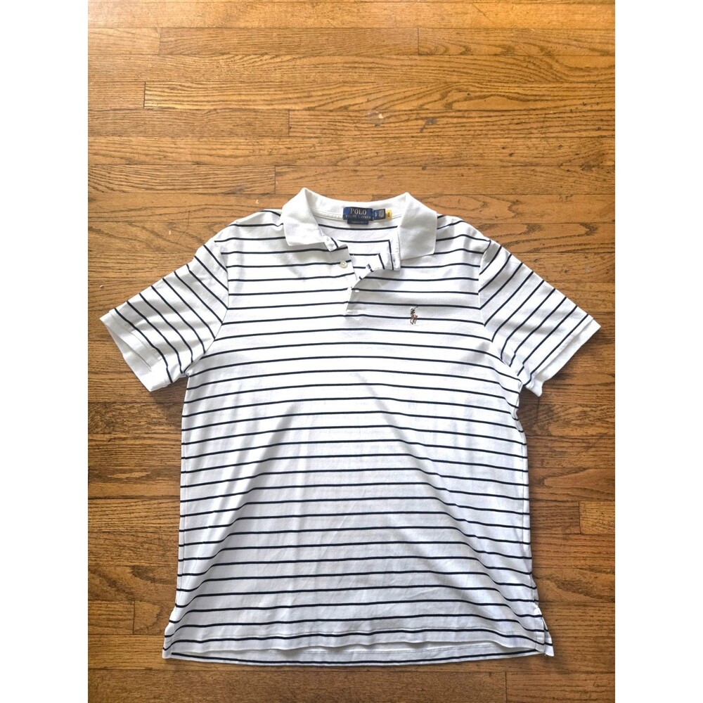 Polo Ralph Lauren Mens Large Blue White Striped Short Sleeve Polo Shirt Preppy